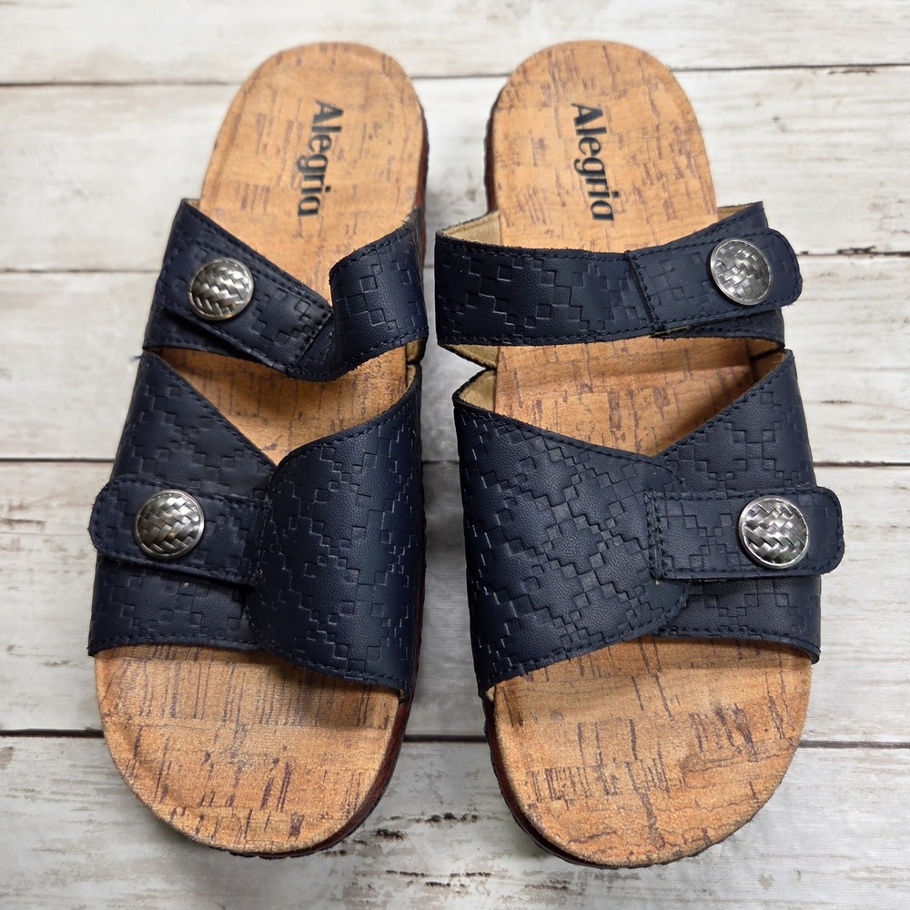 Alegria KRY-6112XW Slide Sandal Navy Blue Leather Platform Women 37 EU 7 US